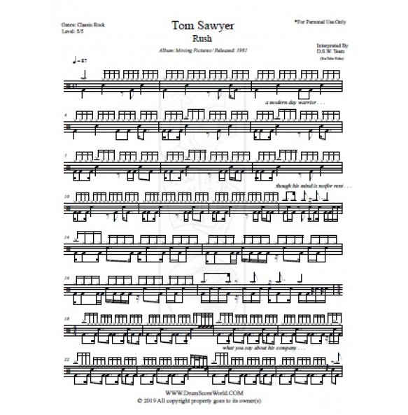 Rush - Tom Sawyer,Drum Score, Drum Sheet,Drum Note,Drum Transcription